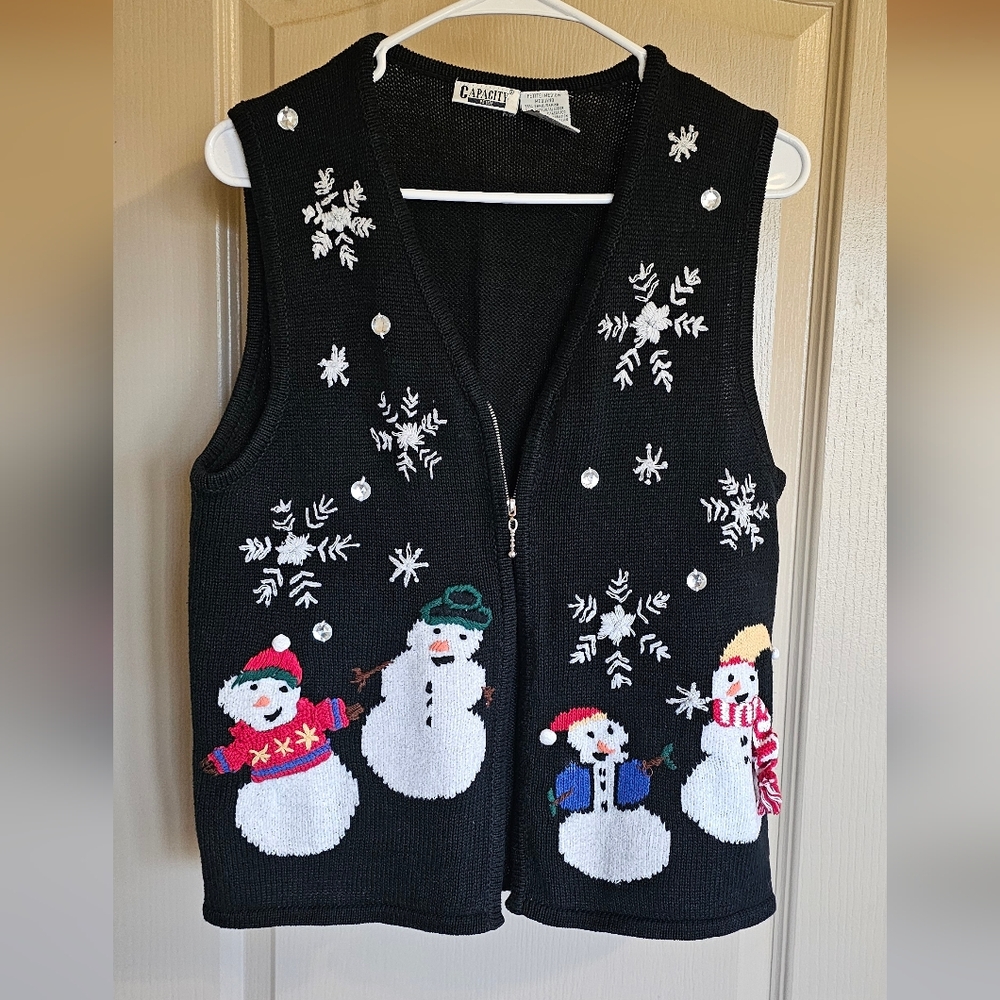 Vintage Capacity Knit Embroidered Snowman Vest Petite Medium